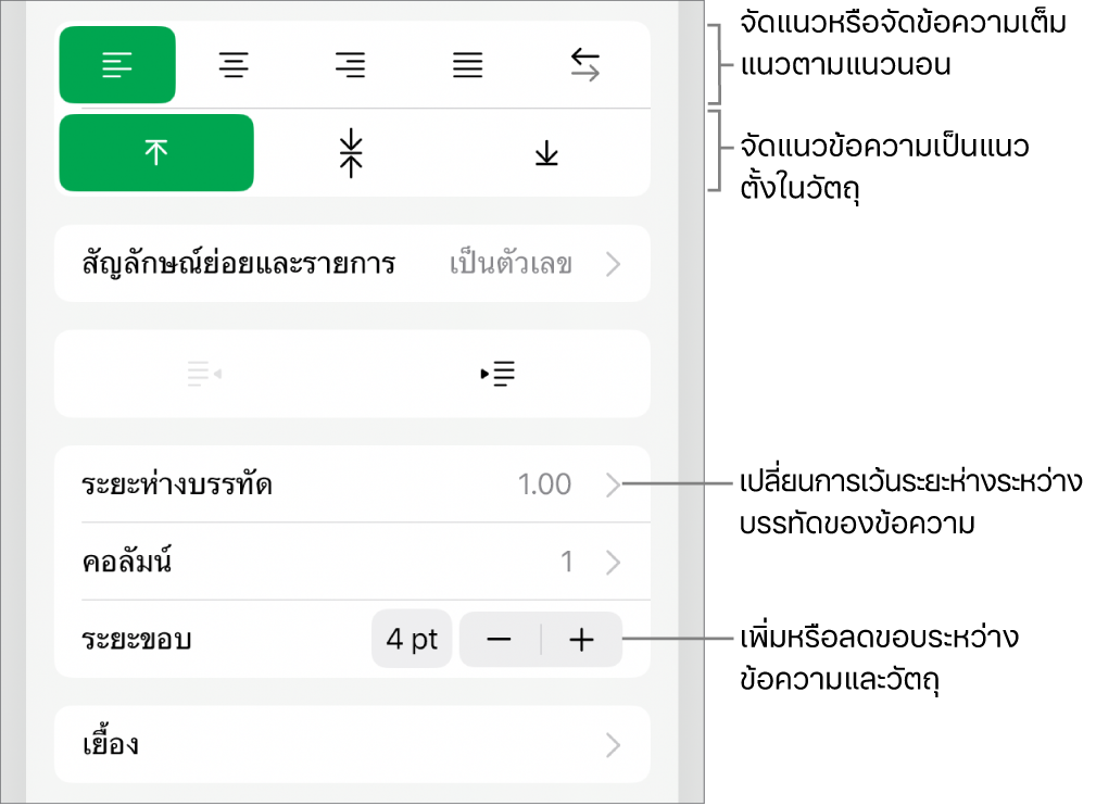 ส่วนเค้าโครงของตัวตรวจสอบรูปแบบพร้อมคำอธิบายของปุ่มการจัดแนวข้อความและระยะห่าง