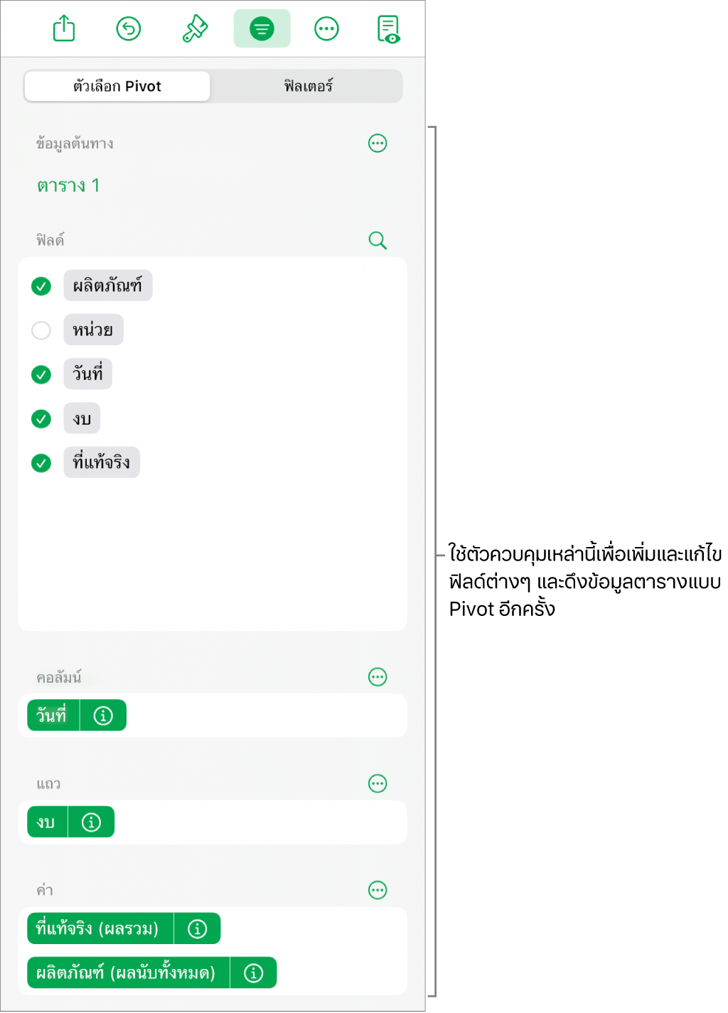 เมนูตัวเลือก Pivot ที่แสดงฟิลด์ในส่วนคอลัมน์ ส่วนแถว และส่วนค่า รวมถึงตัวควบคุมสำหรับแก้ไขฟิลด์