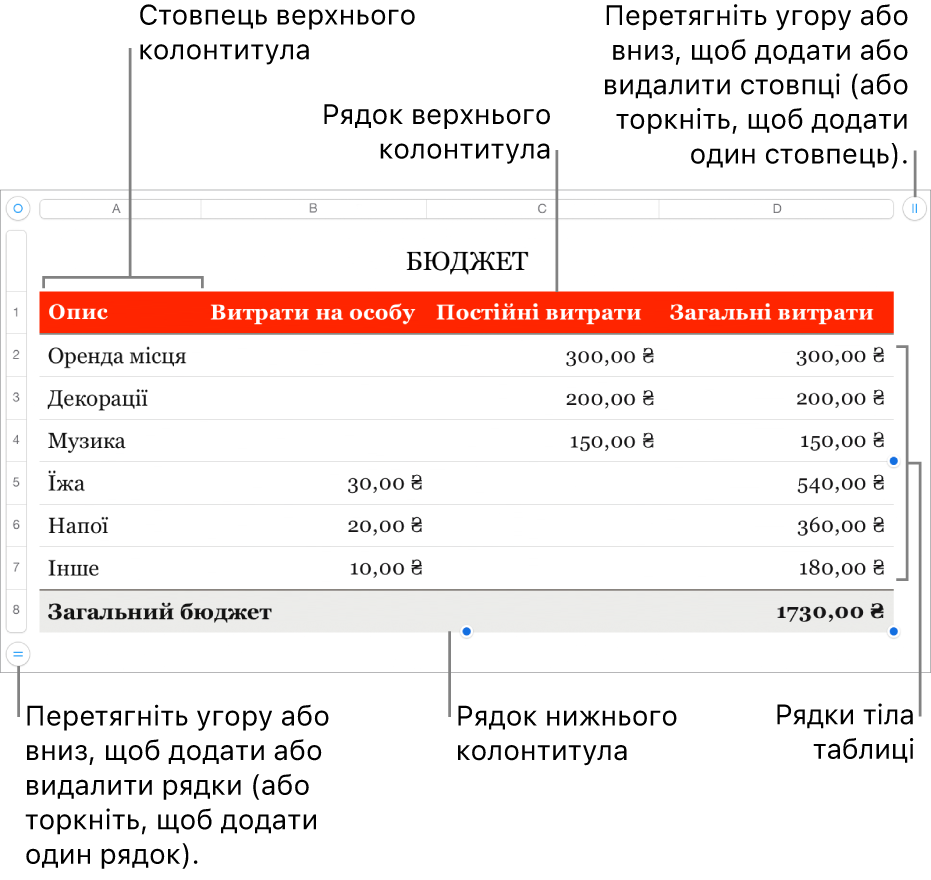 Таблиця з верхнім колонтитулом, тілом таблиці, рядками та стовпцями в нижньому колонтитулі та маніпуляторами для додавання або видалення рядків чи стовпців.