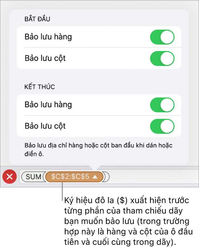 Các điều khiển để chỉ định tham chiếu nào trong các tham chiếu hàng và cột của ô nên được bảo lưu nếu ô được di chuyển hoặc sao chép. Ký hiệu đô la xuất hiện trước từng phần của tham chiếu vùng bạn muốn bảo lưu.