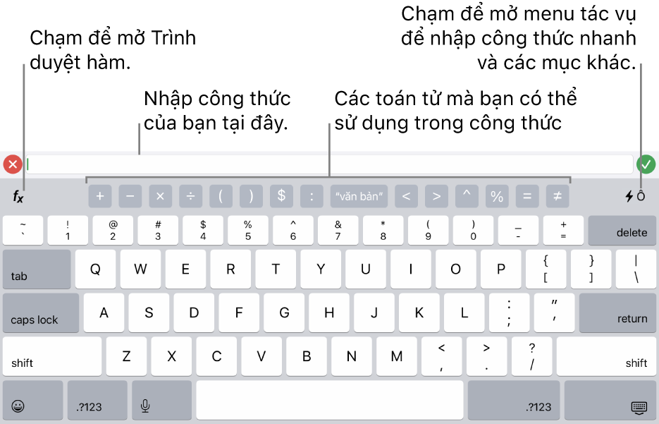 Bàn phím công thức với Trình sửa công thức ở trên cùng và các toán tử được sử dụng trong các công thức ở bên dưới. Nút Hàm để mở Trình duyệt hàm nằm ở bên trái của các toán tử và nút menu Tác vụ nằm ở bên phải.