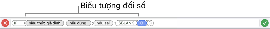 Trình sửa công thức đang hiển thị hàm với các mã thông báo đối số.