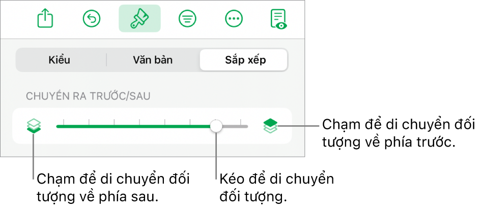 Nút Chuyển ra sau, nút Chuyển ra trước và thanh trượt tạo lớp.