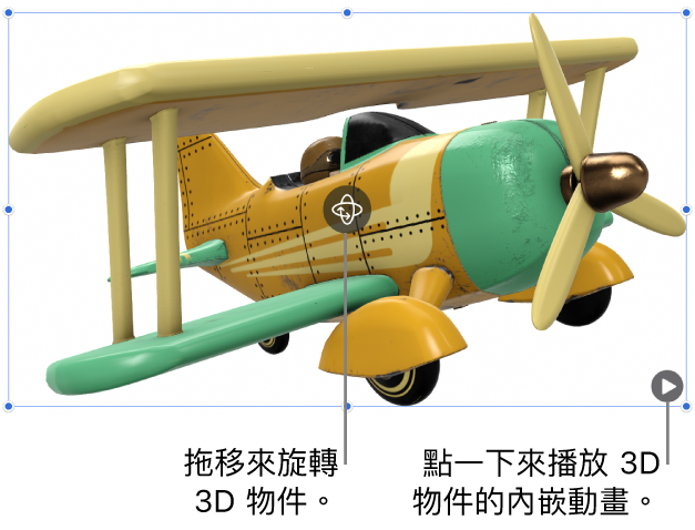 一個 3D 物件的中央有「旋轉」按鈕，有下方有「播放」按鈕。