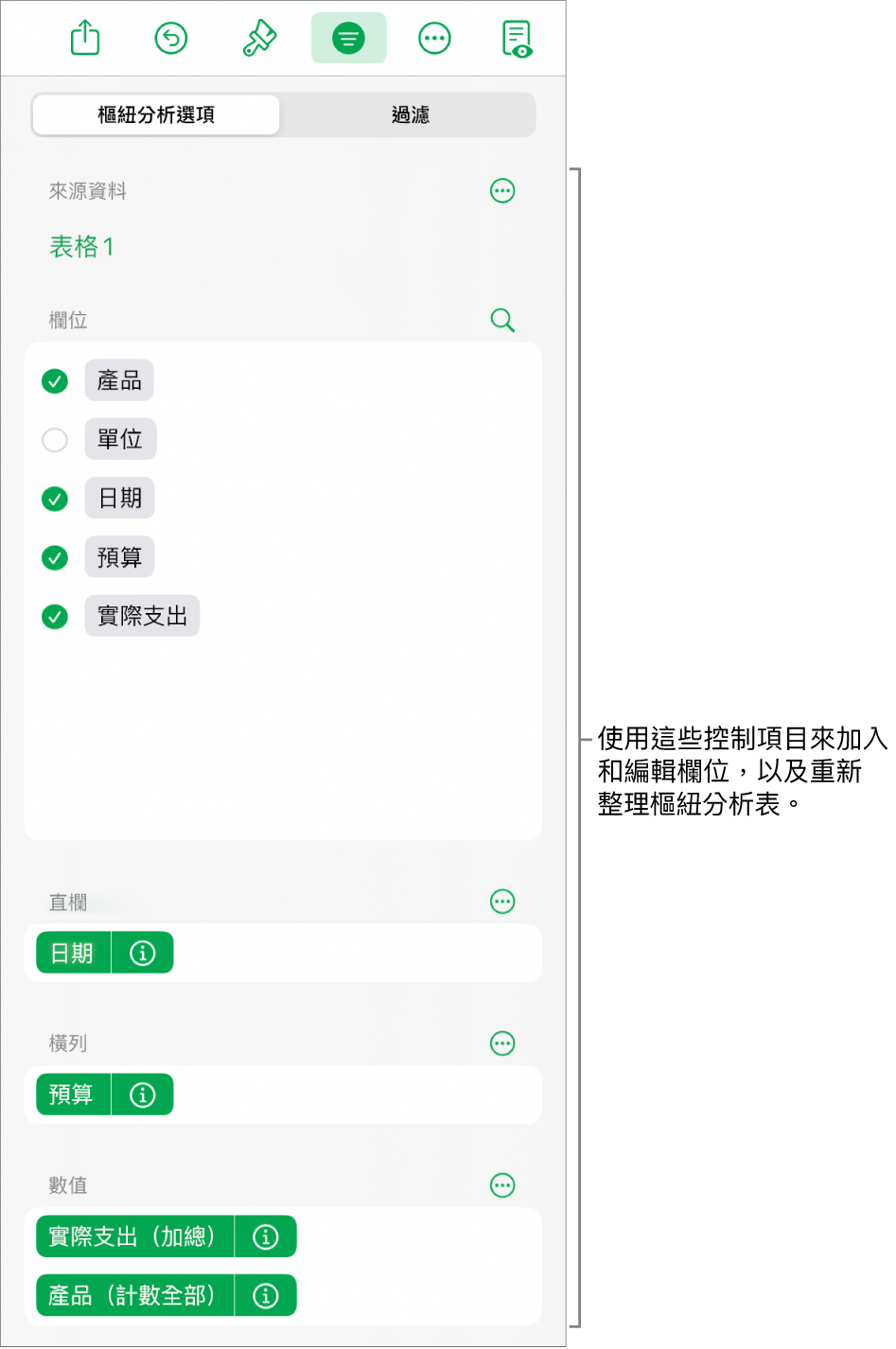 顯示直欄、橫列和數值區域中欄位的「樞紐選項」選單，以及編輯欄位的控制項目。