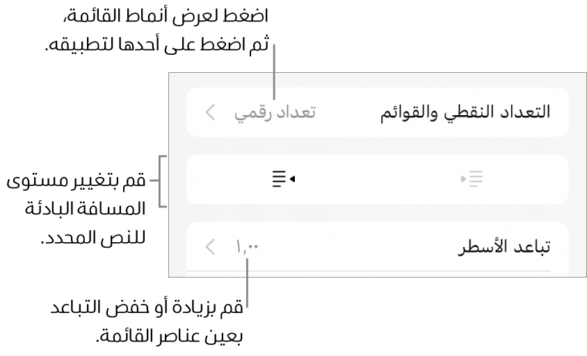 قسم التعداد النقطي والقوائم في عناصر التحكم في التنسيق مع وسائل شرح للتعداد النقطي والقوائم وزرا مسافة بادئة يسار ومسافة بادئة يمين وعناصر التحكم في تباعد الأسطر.