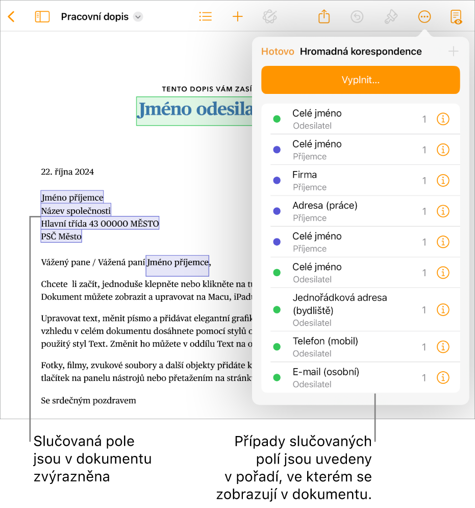 Dokument Pages s poli hromadné korespondence pro příjemce a odesílatele; na bočním panelu Dokument je vidět seznam instancí polí hromadné korespondence