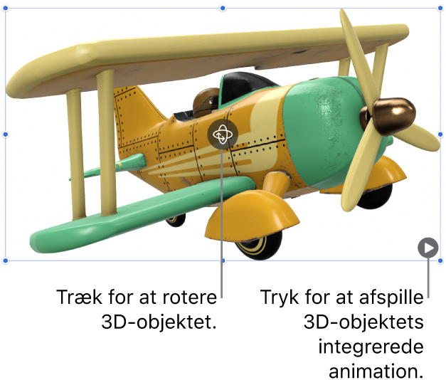 Et 3D-objekt med knappen Roter i midten af objektet, og knappen Afspil i det nederste højre hjørne.