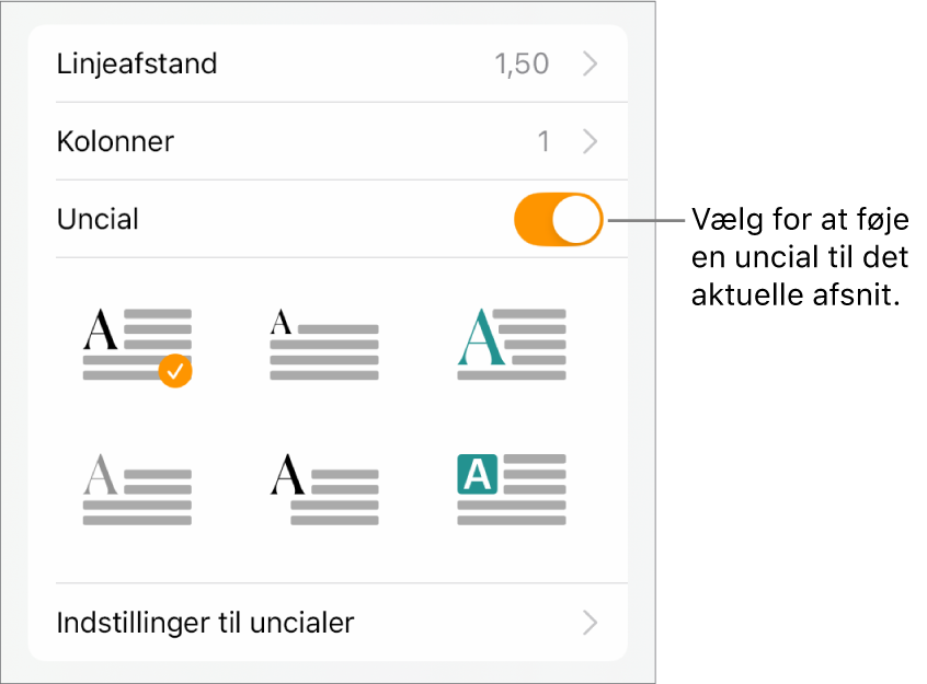 Betjeningsmulighederne til Uncial placeret i menuen Tekst.