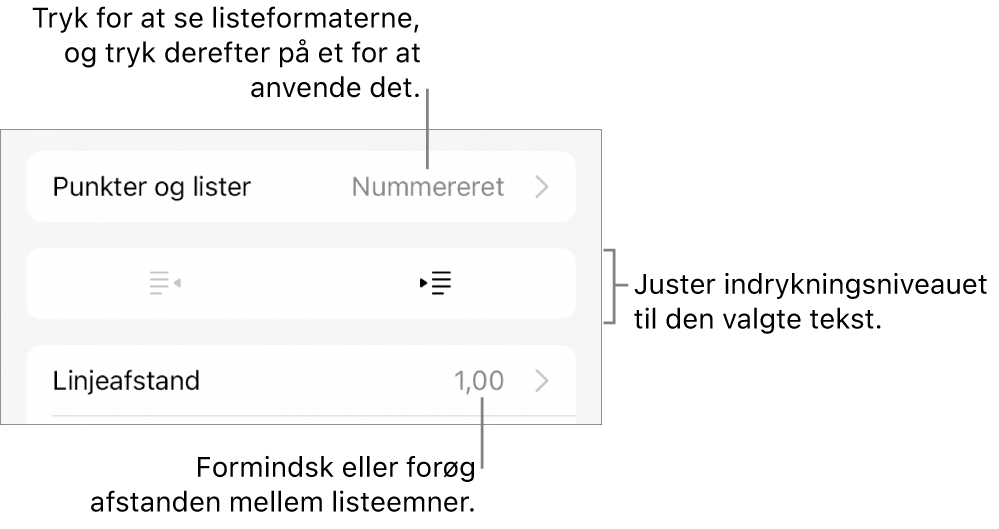 Området Punkter & lister under betjeningsmulighederne til format med billedforklaringer til Punkter & lister, knapperne Ryk ind og Ryk ud og betjeningsmulighederne til linjeafstand.