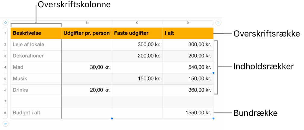 En tabel med overskrifts-, indholds- og bundrækker og -kolonner.