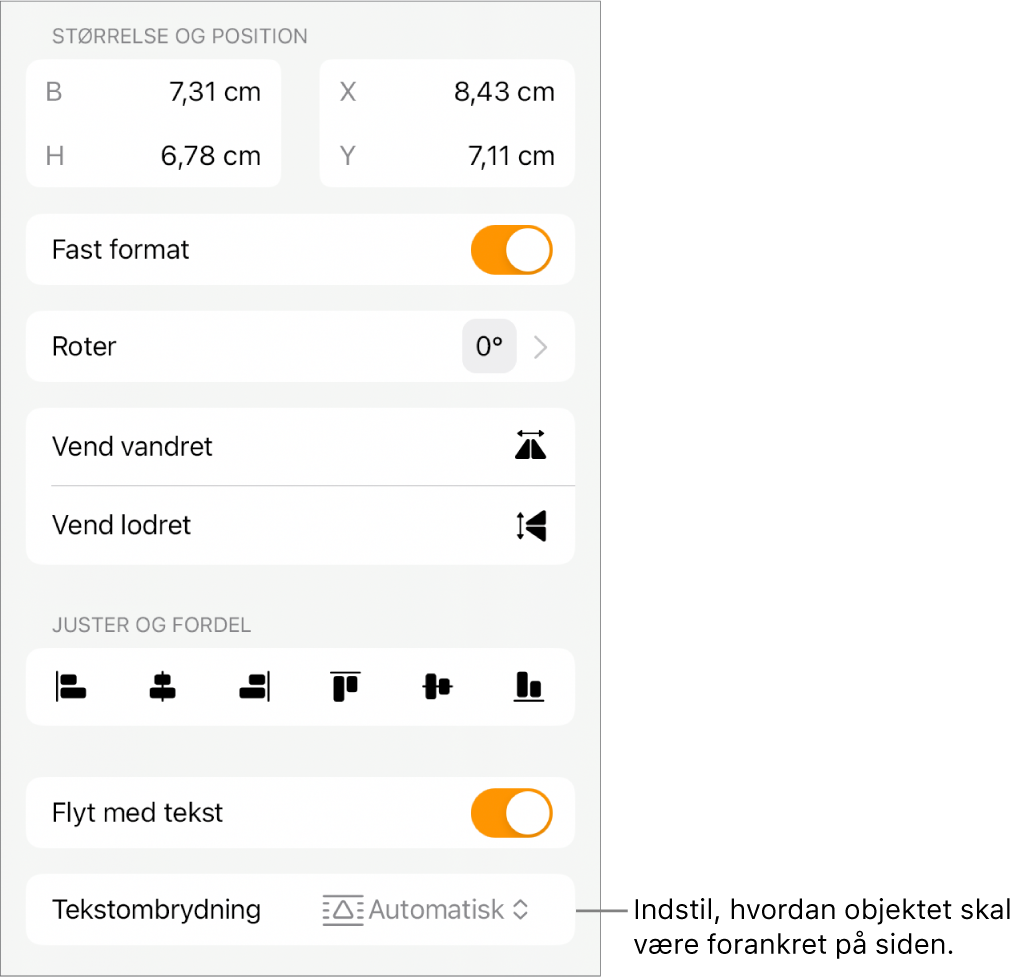 Betjeningsmulighederne til Format med fanen Arranger valgt og betjeningsmulighederne til Flyt bagved/foran, Flyt med tekst og Tekstombrydning.