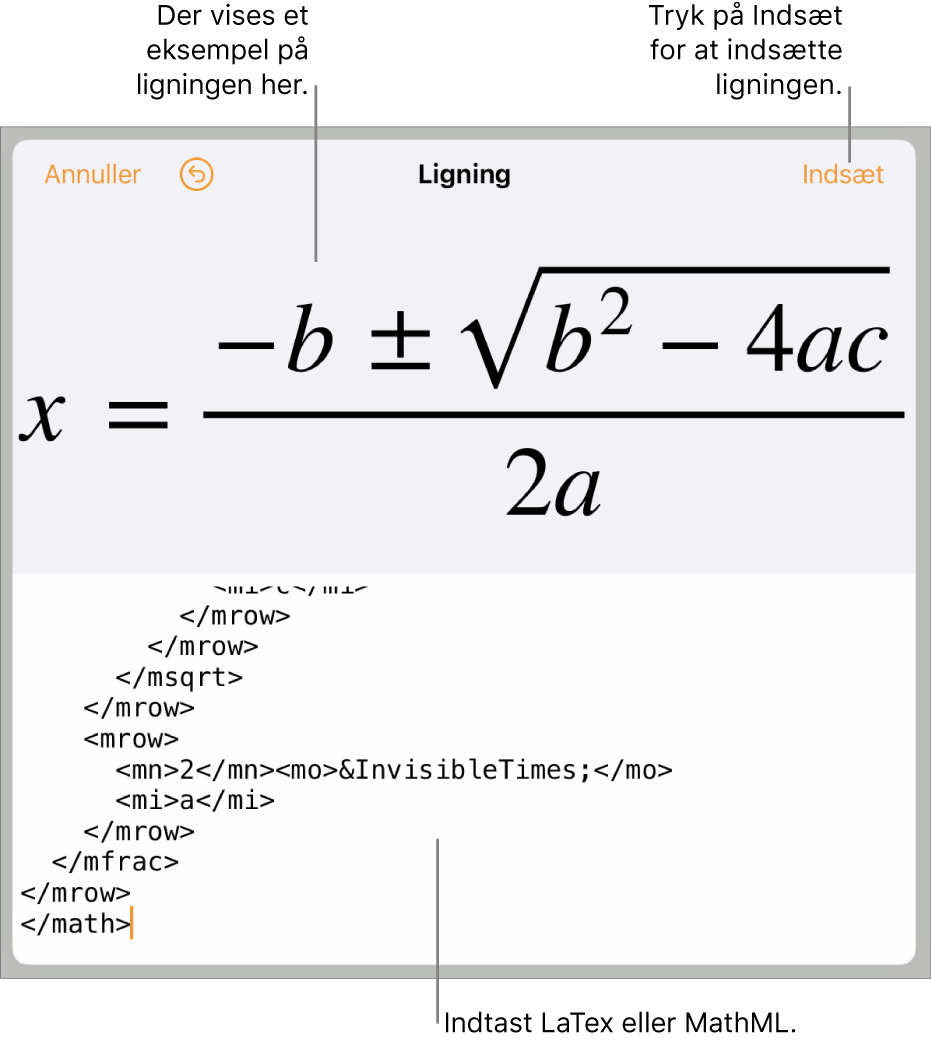 Dialogen Ligning, der viser den kvadratiske formel skrevet ved hjælp af MathML-kommandoer og derover et eksempel på formlen.