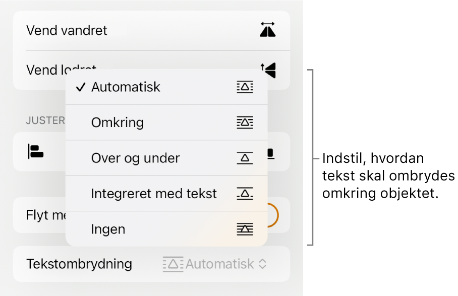 Betjeningsmulighederne til Format, hvor fanen Arranger er valgt. Herunder ses betjeningsmulighederne til Tekstombrydning med Flyt bagved/foran, Flyt med tekst og Tekstombrydning.