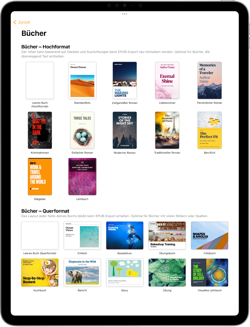 Die Vorlagenauswahl mit Buchvorlagen im Hochformat oben und im Querformat darunter