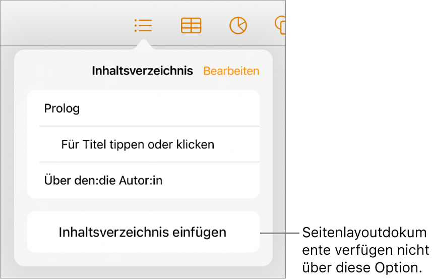 Die Darstellung „Inhaltsverzeichnis“ mit der Taste „Bearbeiten“ in der oberen rechten Ecke, den Einträgen des Inhaltsverzeichnisses und der Taste „Inhaltsverzeichnis einfügen“ ganz unten.