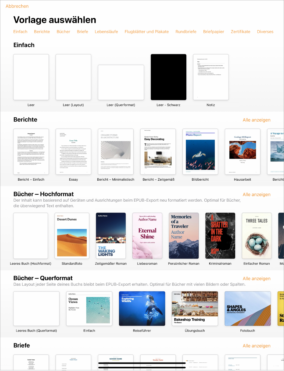 Die Vorlagenauswahl zeigt oben eine Zeile mit Kategorien, auf die du tippen kannst, um die Optionen zu filtern. Darunter sind die Miniaturen der vordefinierten Vorlagen in Zeilen nach Kategorie sortiert, angefangen bei „Zuletzt benutzt“ oben und gefolgt von „Einfach“ und „Berichte“. Die Taste „Alle anzeigen“ befindet sich über und rechts von jeder Kategoriezeile. Die Taste für Sprache und Region befindet sich oben rechts.