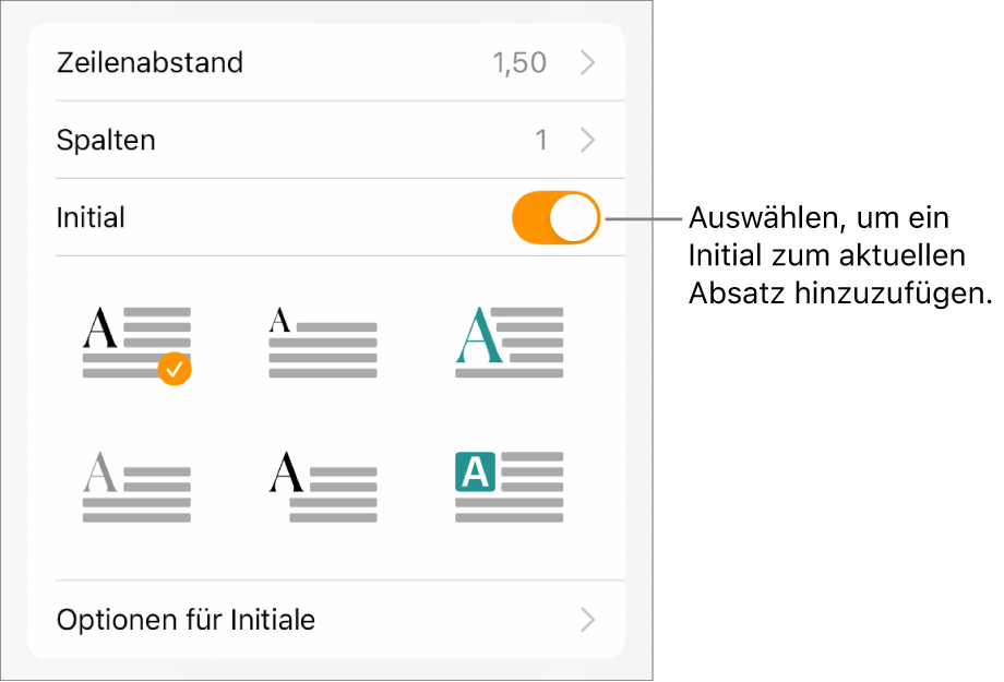 Die Steuerelemente „Initial“ im Menü „Text“