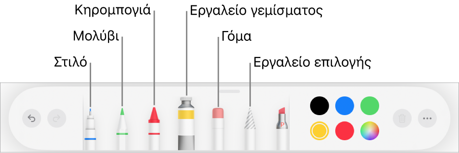 Η γραμμή εργαλείων σχεδίασης στο Pages σε iPad με στιλό, μολύβι, κηρομπογιά, εργαλείο γεμίσματος, γόμα, εργαλείο επιλογής και μια παλέτα χρωμάτων όπου εμφανίζεται το τρέχον χρώμα.