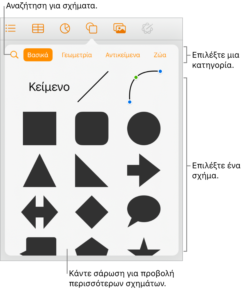 Η βιβλιοθήκη σχημάτων, με κατηγορίες στο πάνω μέρος και τα σχήματα να εμφανίζονται από κάτω. Μπορείτε να χρησιμοποιήσετε το κουμπί αναζήτησης στο πάνω μέρος για να βρείτε σχήματα και σαρώστε για να δείτε περισσότερα.