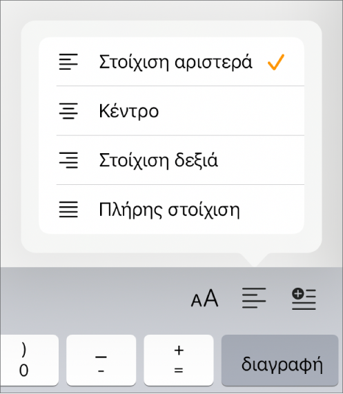 Η γραμμή «Μορφή» με στοιχεία ελέγχου εσοχής κειμένου και στοίχισης παραγράφων.