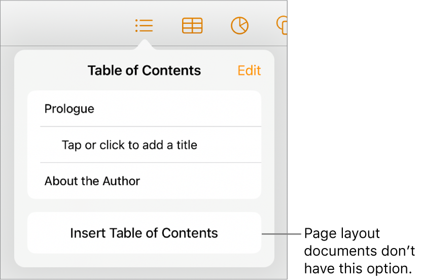 The table of contents view with Edit in the top-right corner, TOC entries and the Insert Table of Contents button at the bottom.