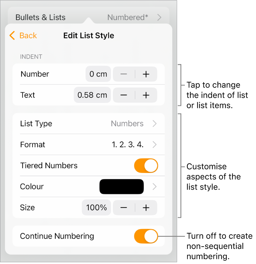 Edit List Style menu with controls for indent spacing, list type and format, tiered numbers, list colour and size, and continued numbering.