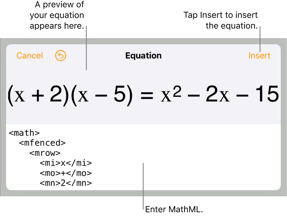 The Equation dialogue, showing an equation written using MathML commands, and a preview of the formula above.