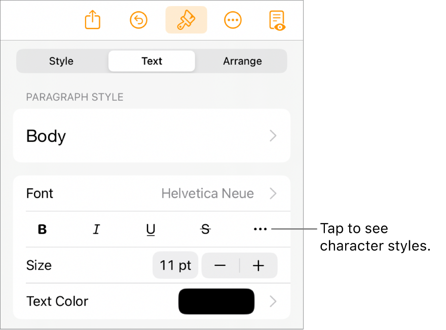 The Format controls with paragraph styles at the top, then Font controls. Below Font are the Bold, Italic, Underline, Strikethrough, and More Text Options buttons.