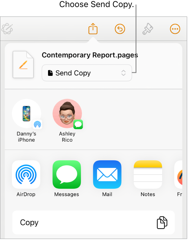 The Share menu with Send Copy selected at the top.