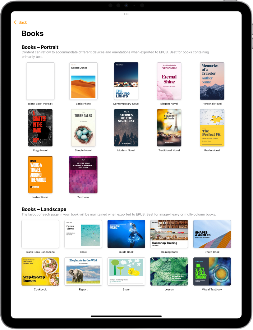 The template chooser with book templates in portrait orientation at the top and landscape orientation below.