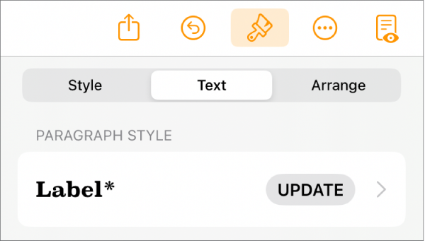 The Body paragraph style with an asterisk next to it and an Update button on the right.