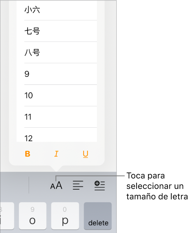 El botón Tamaño de letra del lado derecho del teclado del iPad con el menú Tamaño de letra abierto. Los tamaños de letra estándar del gobierno chino aparecen al principio del menú, arriba de los tamaños de punto.