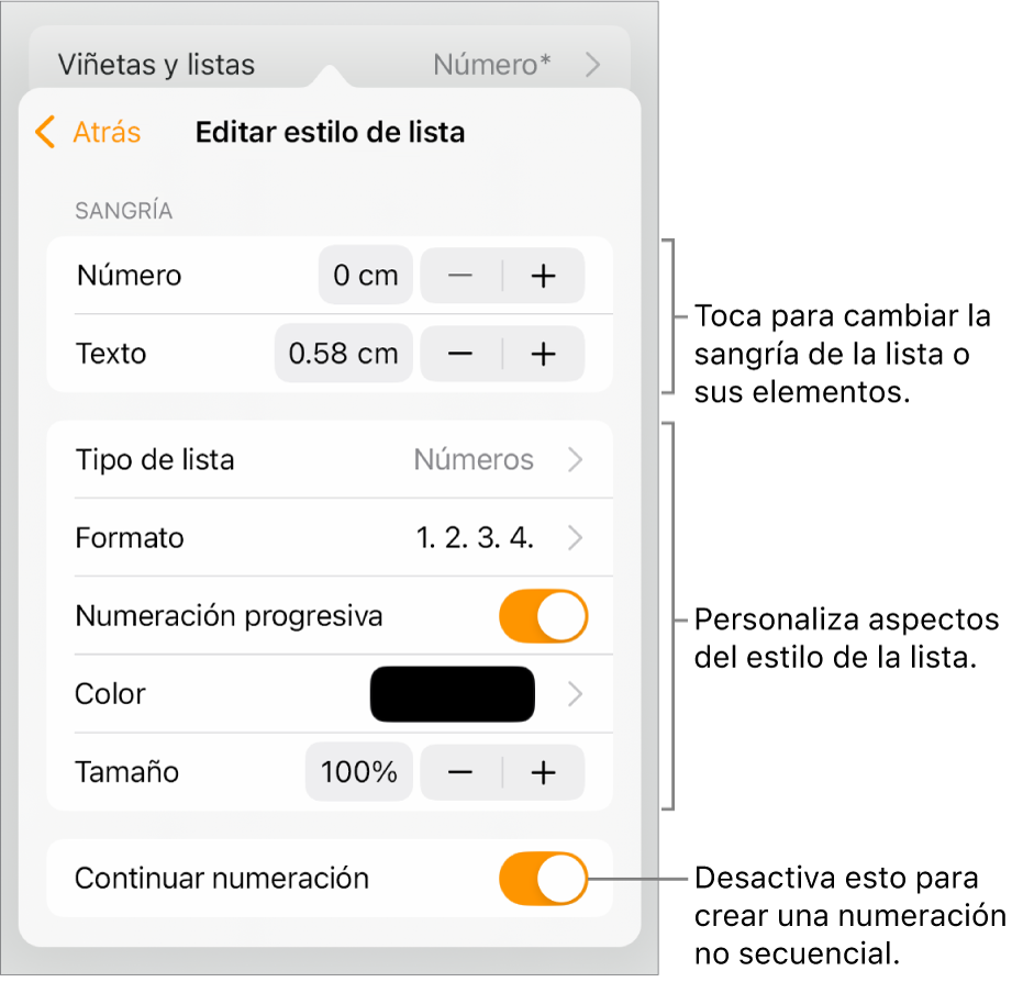 El menú Editar estilo de lista con controles para el espaciado de la sangría, el tipo y el formato de la lista, los números escalonados, el color y el tamaño de la lista y la numeración continua.