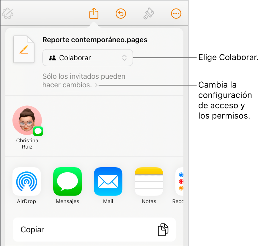 El menú Compartir con la opción Colaborar seleccionada en la parte superior, y la configuración de acceso y permisos debajo.