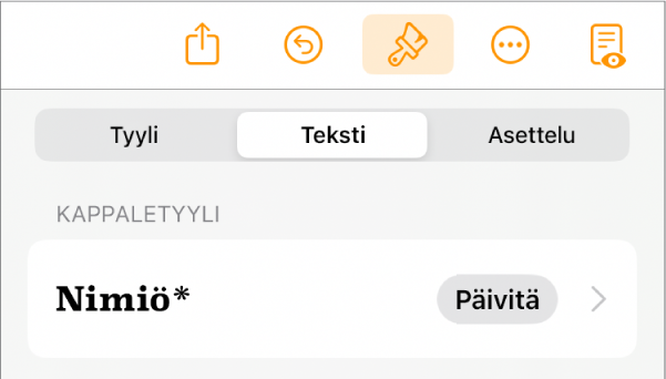Leipäteksti-kappaletyyli, jonka vieressä on tähtimerkki ja oikealla puolella Päivitä-painike.