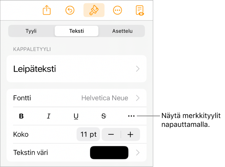 Muoto-säätimet, joiden yläreunassa on kappaletyylit, ja Fontti-säätimet. Fontin alla on seuraavat painikkeet: Lihavointi, Kursivointi, Alleviivaus, Yliviivaus ja Lisää tekstivalintoja.
