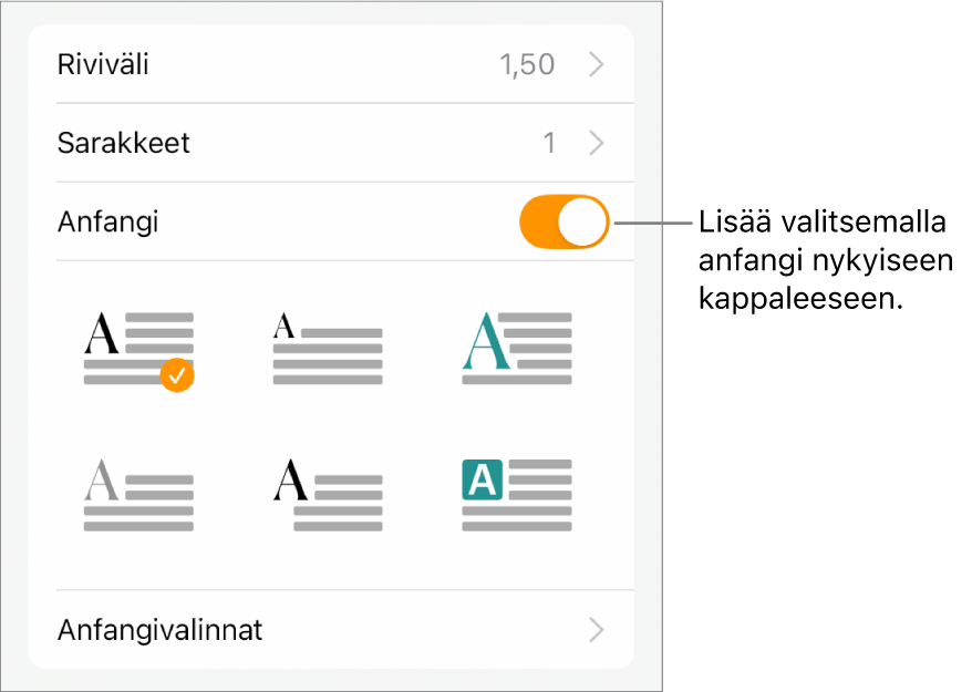 Anfangi-säätimet Teksti-valikossa.