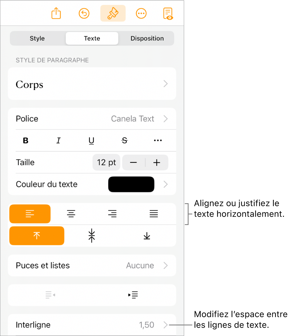 Le bouton des commandes Format avec l’onglet Texte sélectionné et les légendes des boutons d’alignement ainsi que le menu Interligne.