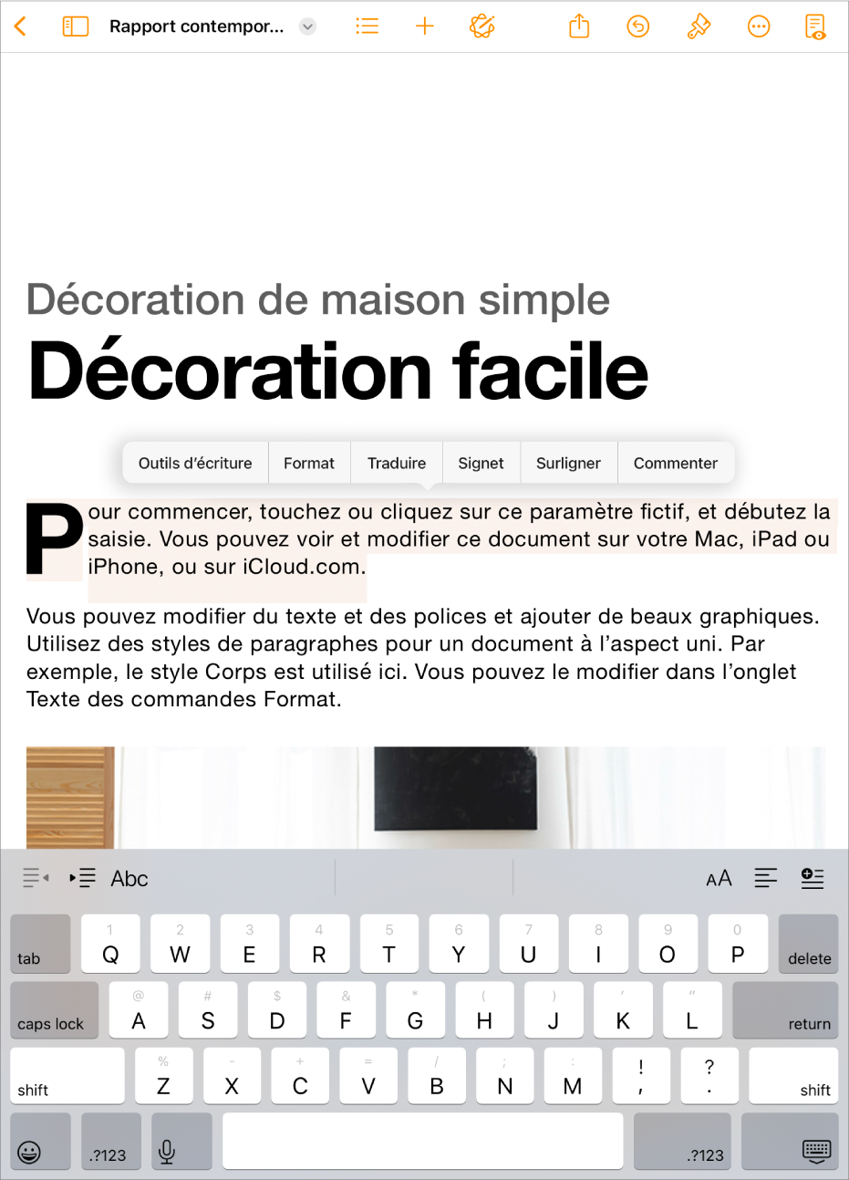 Document Pages ouvert avec du texte de paramètre fictif sélectionné.