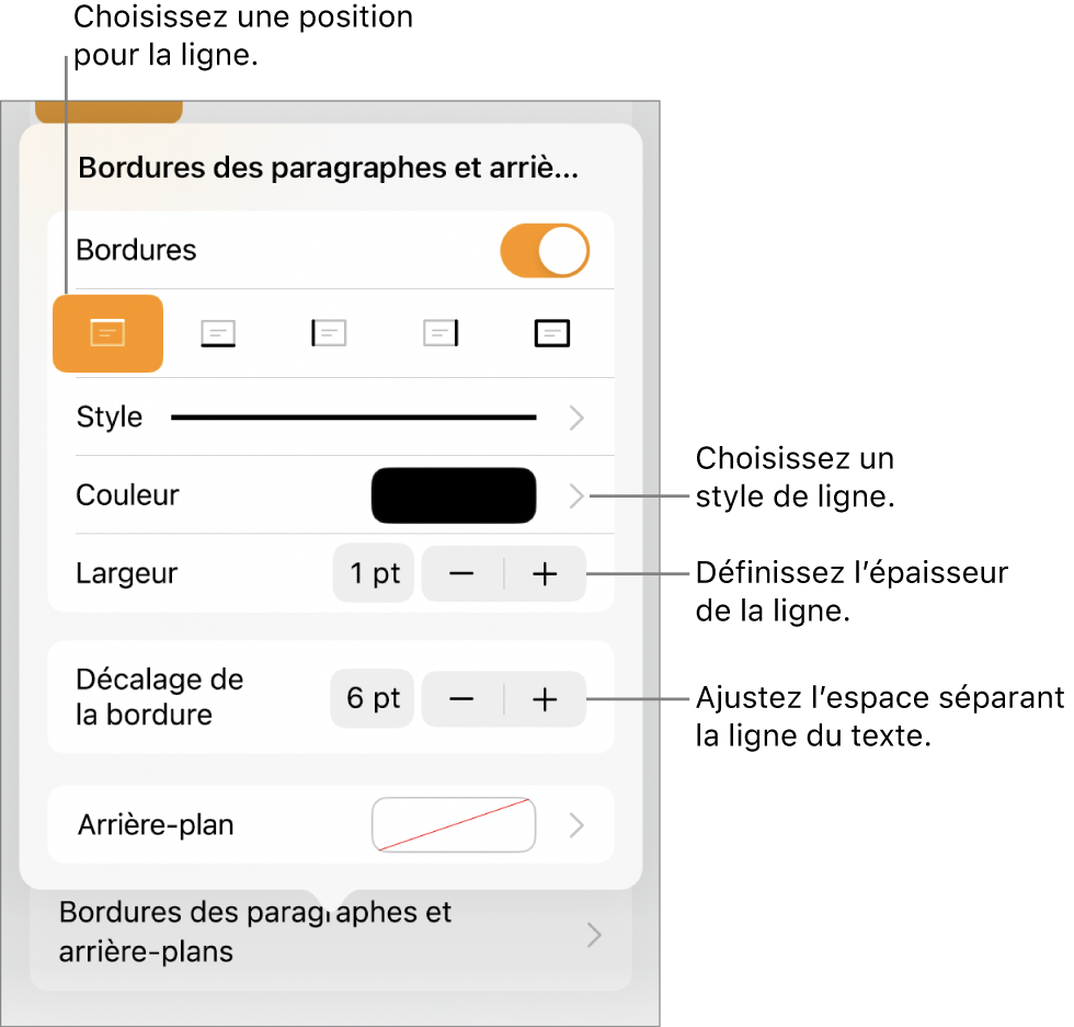 Commandes permettant de modifier le style, l’épaisseur, la position et la couleur de la ligne.