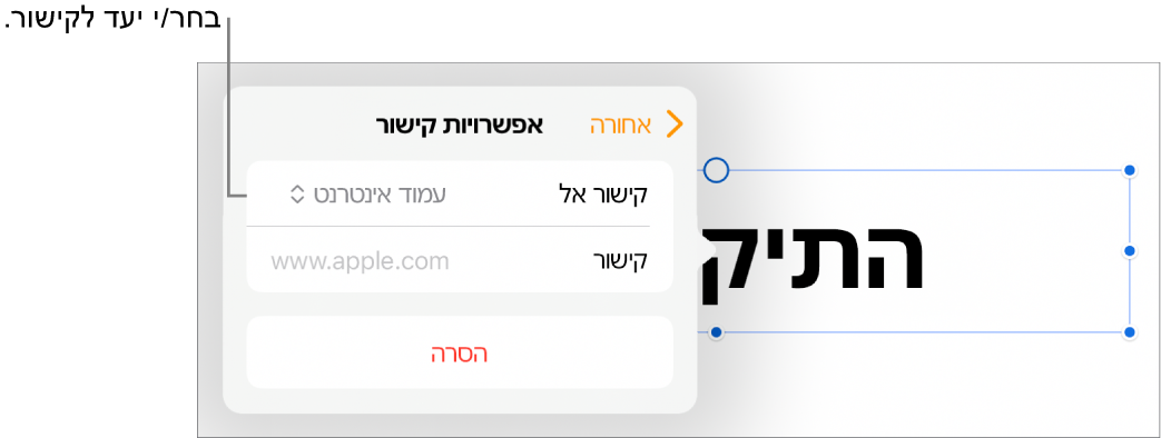 כלי הבקרה של ״אפשרויות קישור״ כאשר האפשרות ״עמוד אינטרנט״ נבחרת ובחלק התחתון מוצג הכפתור ״הסר״.