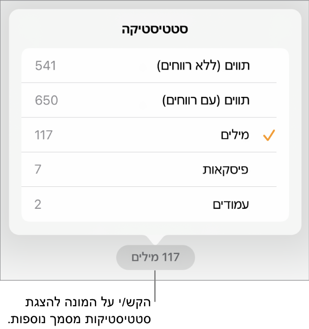 מונה המילים עם תפריט הכולל אפשרויות להצגת מספר התווים עם וללא רווחים, ספירת מילים, ספירת פיסקאות וספירת עמודים.