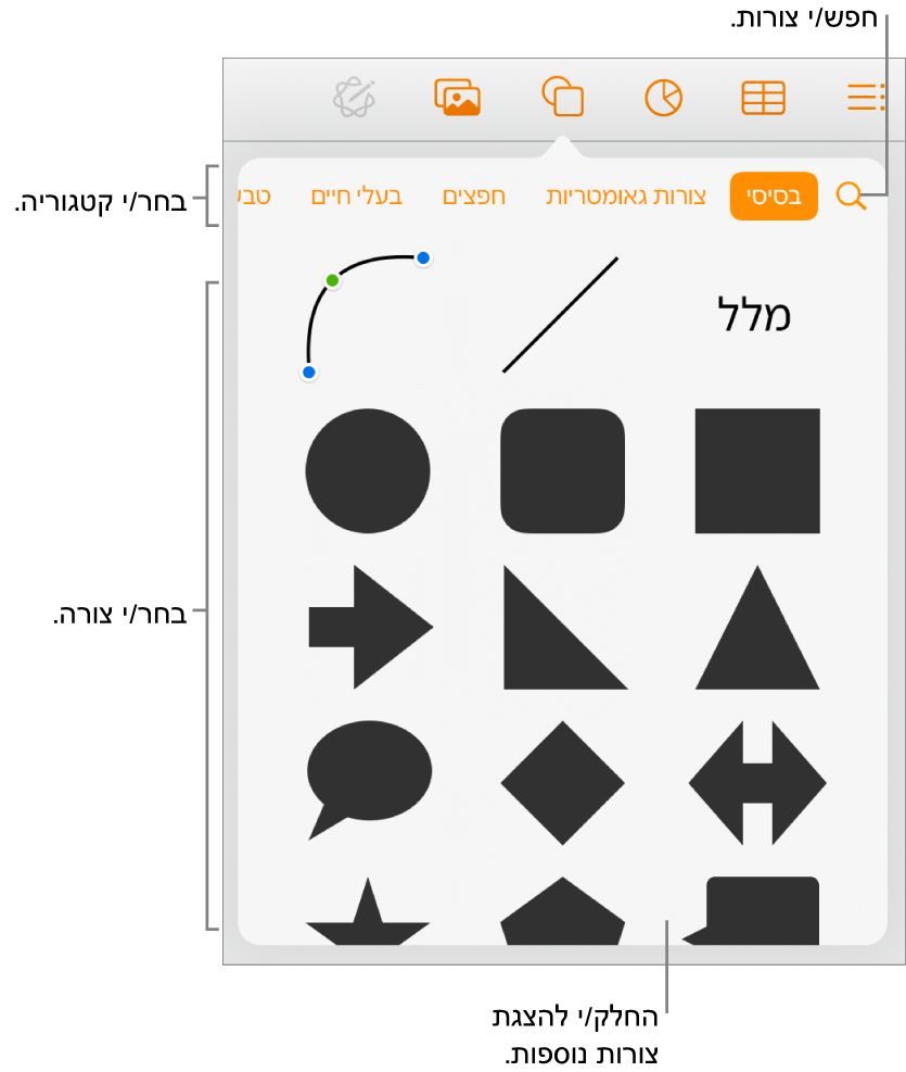 ספריית הצורות, כשקטגוריות מופיעות למעלה וצורות מוצגות למטה. ניתן להשתמש בכפתור החיפוש בראש המסך כדי למצוא צורות ולהחליק כדי להציג עוד.