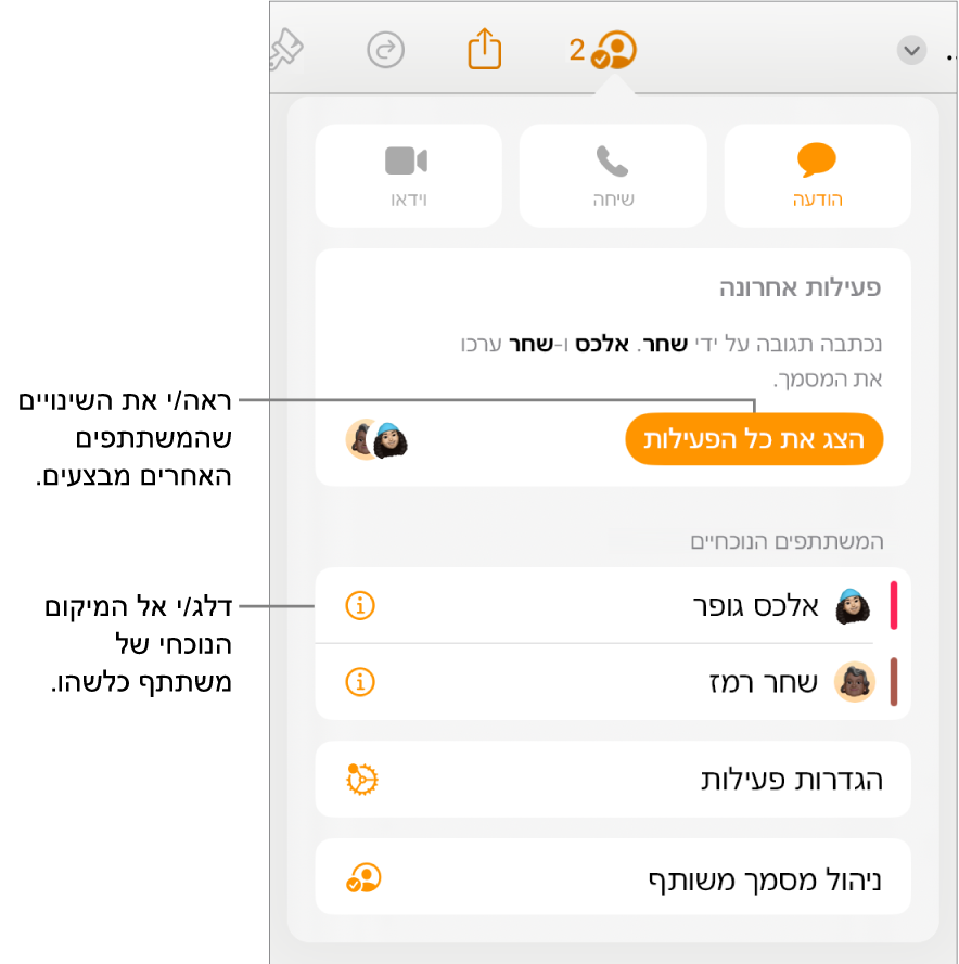 תפריט ״שיתוף פעולה״ שרואים בו משתתפים פעילים כעת.