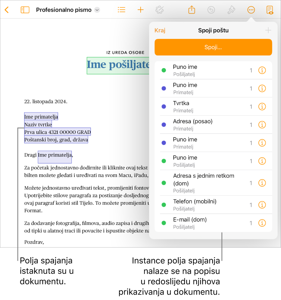 Dokument aplikacije Pages s poljima spajanja primatelja i pošiljatelja te popis instanci polja spajanja vidljiv u rubnom stupcu Dokument.