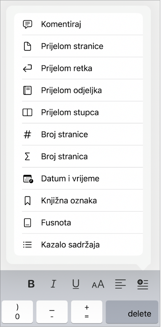 Traka prečaca s otvorenim kontrolama umetanja poviše tipke Umetni.