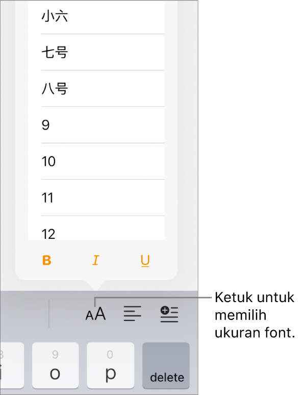 Tombol Ukuran Font di sisi kanan papan ketik iPad dengan menu Ukuran Font terbuka. Ukuran font standar pemerintah Tiongkok daratan muncul di bagian atas menu dengan ukuran poin di bawah.