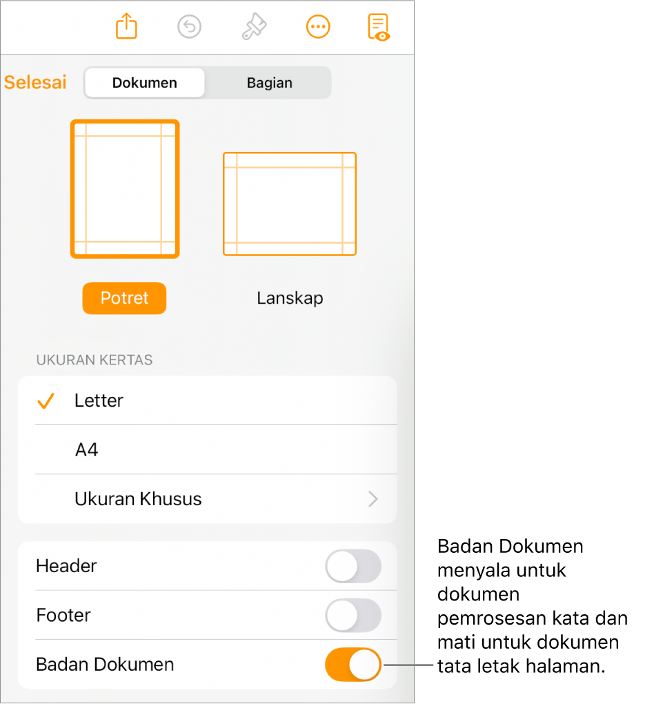 Kontrol format Dokumen dengan Badan Dokumen dinyalakan di dekat bagian bawah layar.
