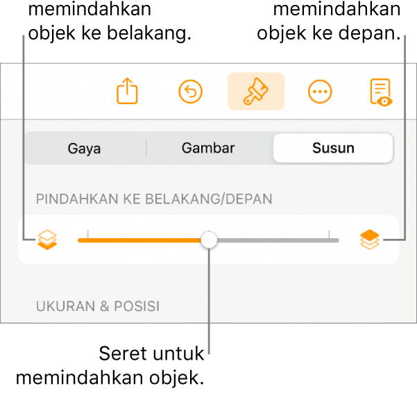 Tombol Pindahkan ke Belakang, tombol Pindahkan ke Depan, dan penggeser lapisan.
